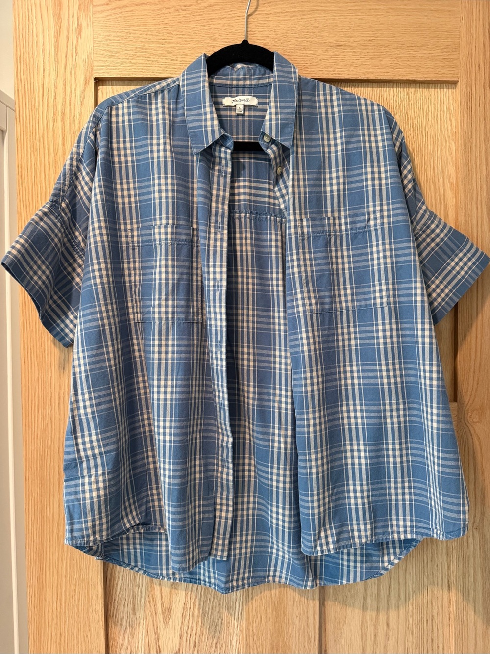 Madewell Light Blue and Tan Plaid Short-Sleeve Button-Down Shirt